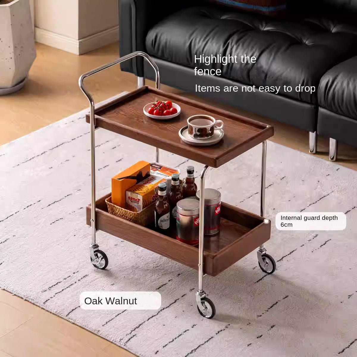 Oak, Poplar Solid Wood Antique Style Double Layer Mobile Side Table