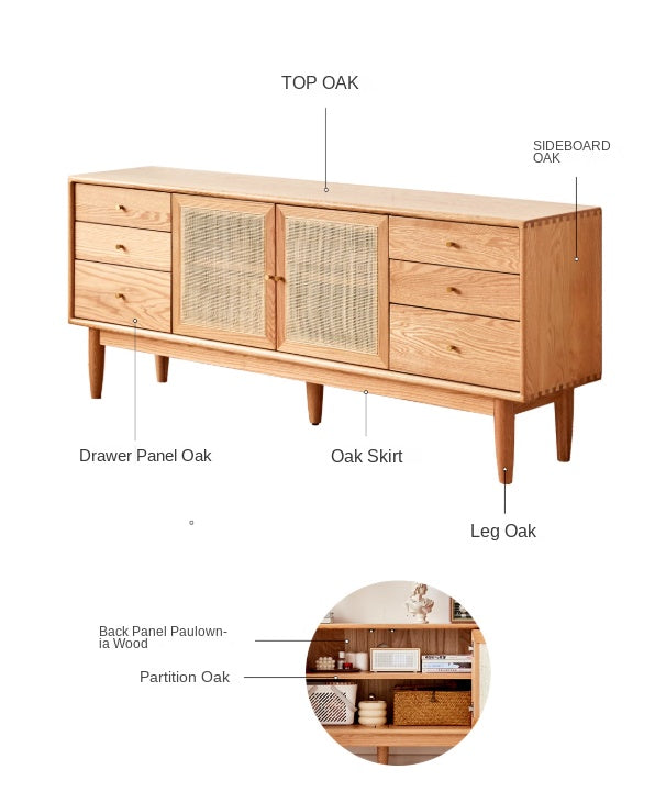 Oak Solid Wood Rattan Modern TV Cabinet.