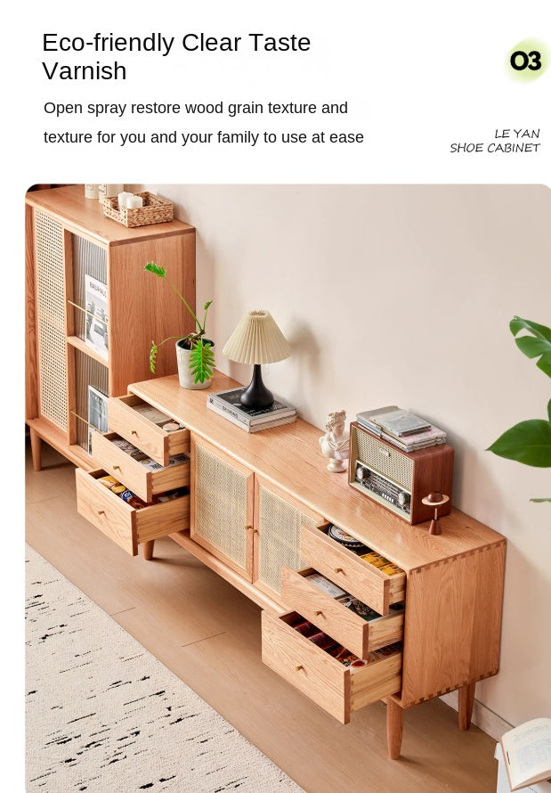 Oak Solid Wood Rattan Modern TV Cabinet.