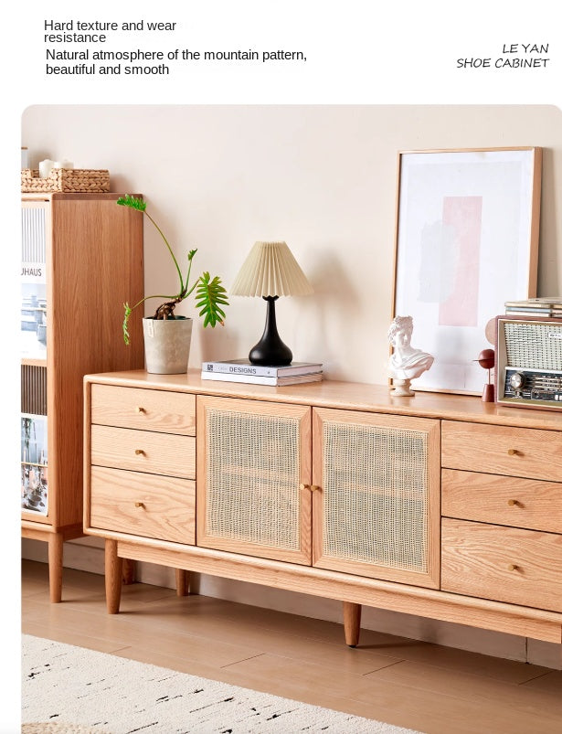 Oak Solid Wood Rattan Modern TV Cabinet.
