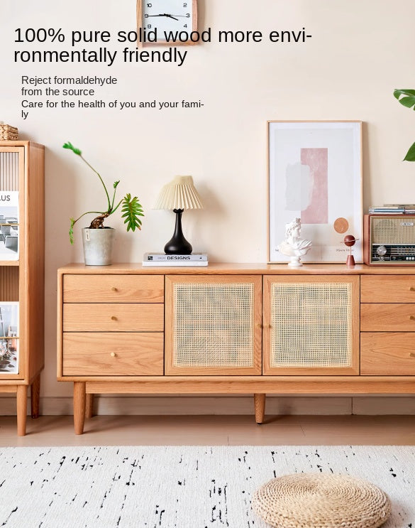Oak Solid Wood Rattan Modern TV Cabinet.