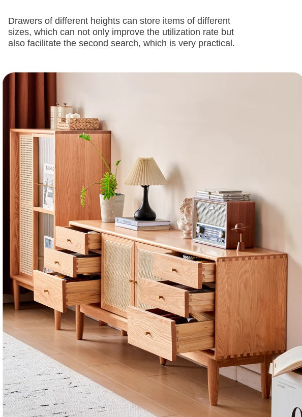 Oak Solid Wood Rattan Modern TV Cabinet.