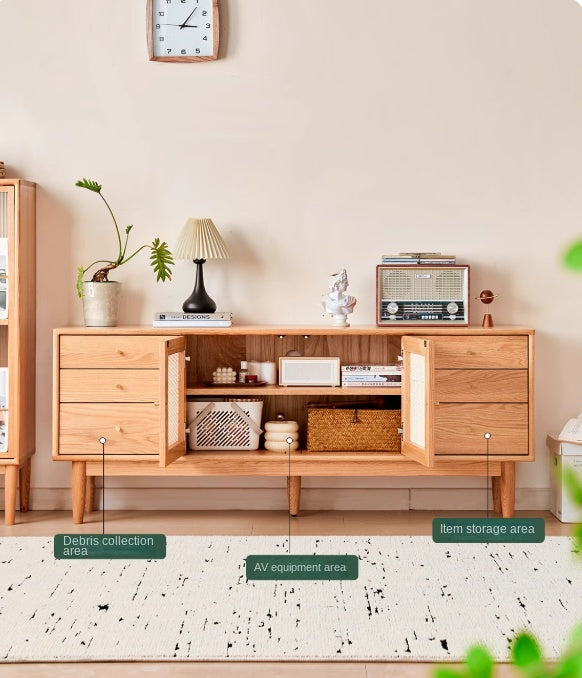 Oak Solid Wood Rattan Modern TV Cabinet.