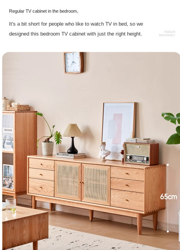 Oak Solid Wood Rattan Modern TV Cabinet.