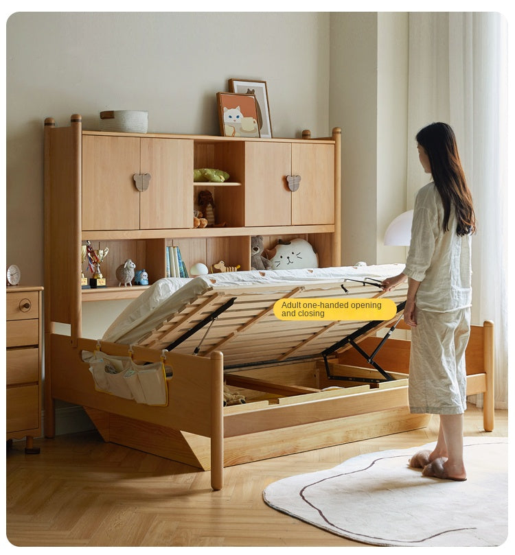Oak Solid Wood Kids Storage Bed with Built-In Bookcase Headboard and Lift Storage