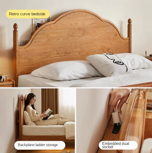 Cherry Solid Wood Bed with Arched Headboard and Turned Posts