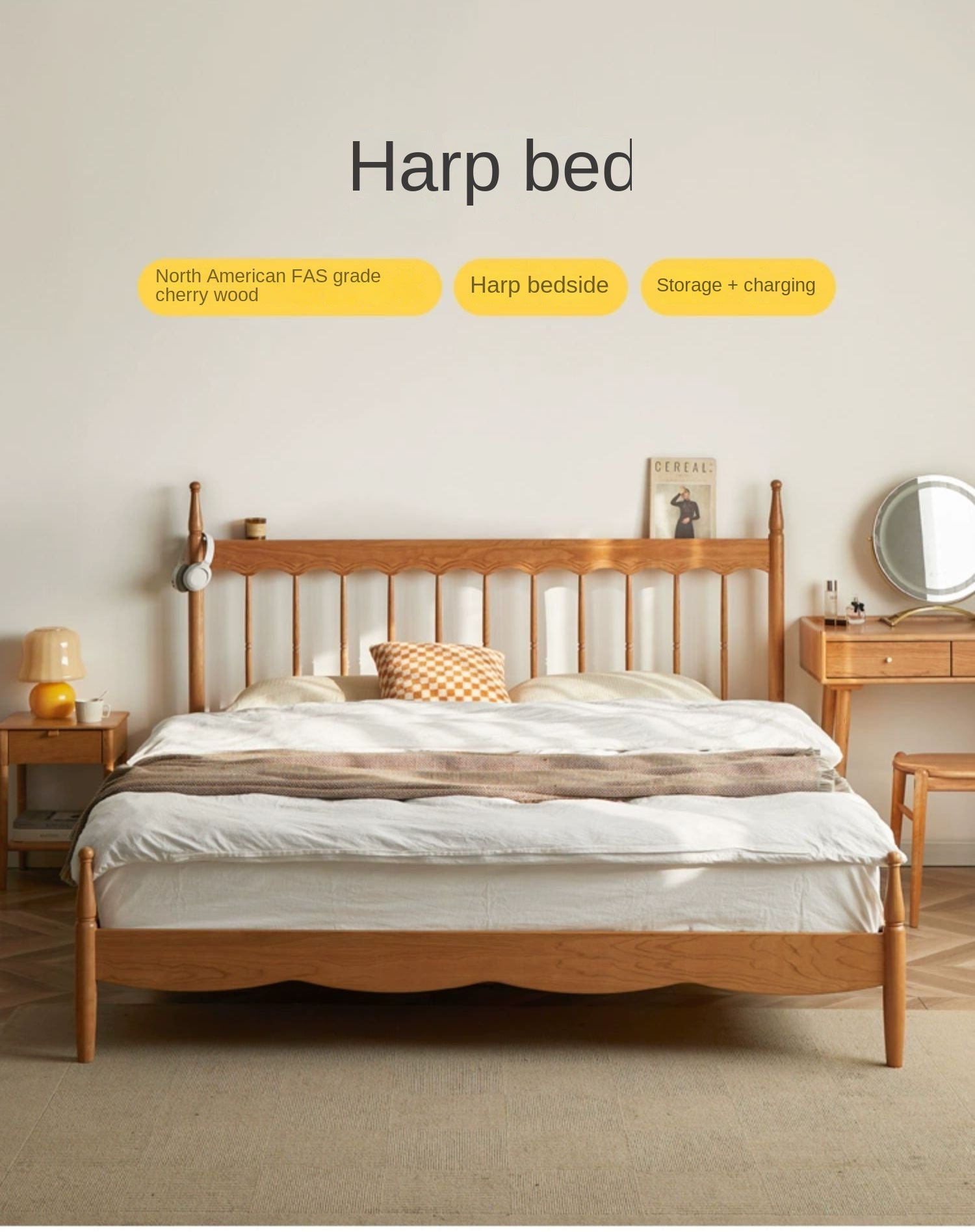 Cherry Solid Wood Modern French Retro Bed