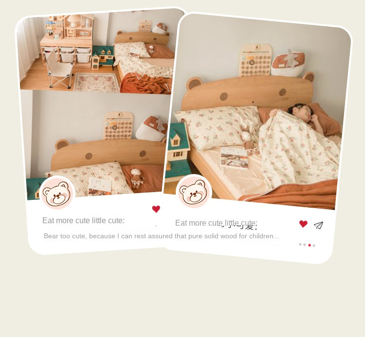 Beech Solid Wood Kids Bed with Bear-Shaped Headboard