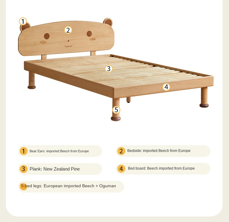 Beech Solid Wood Kids Bed with Bear-Shaped Headboard