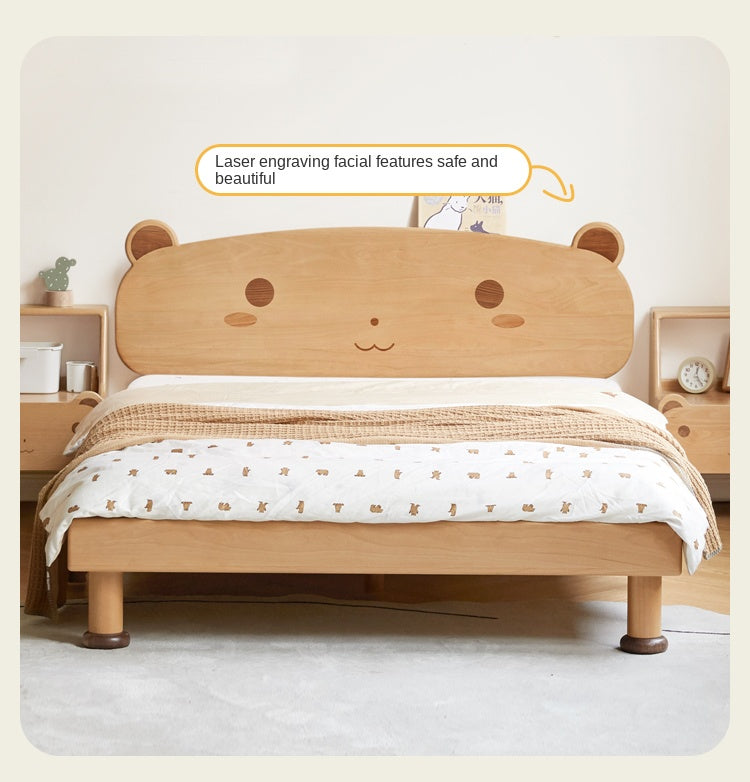 Beech Solid Wood Kids Bed with Bear-Shaped Headboard