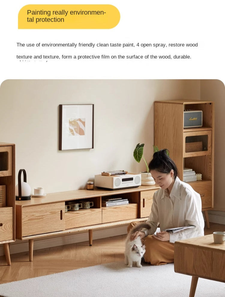 Oak Solid Wood Sliding Door Modern TV Cabinet.