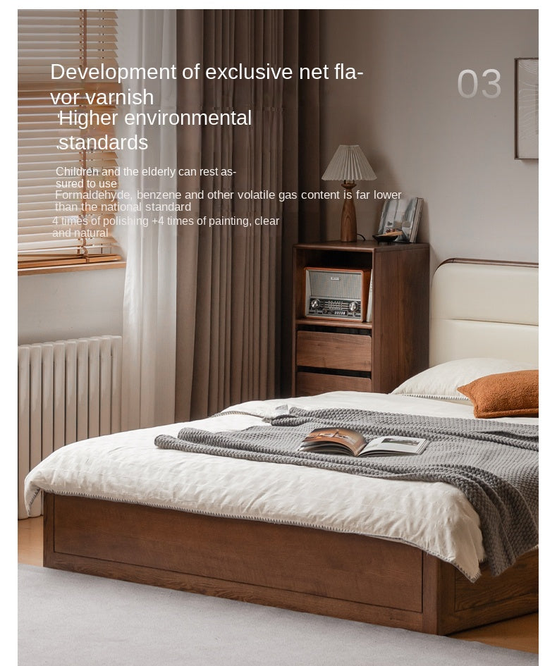 Oak Solid Wood Modern Genuine Leather, Organic Leather Storage Bed