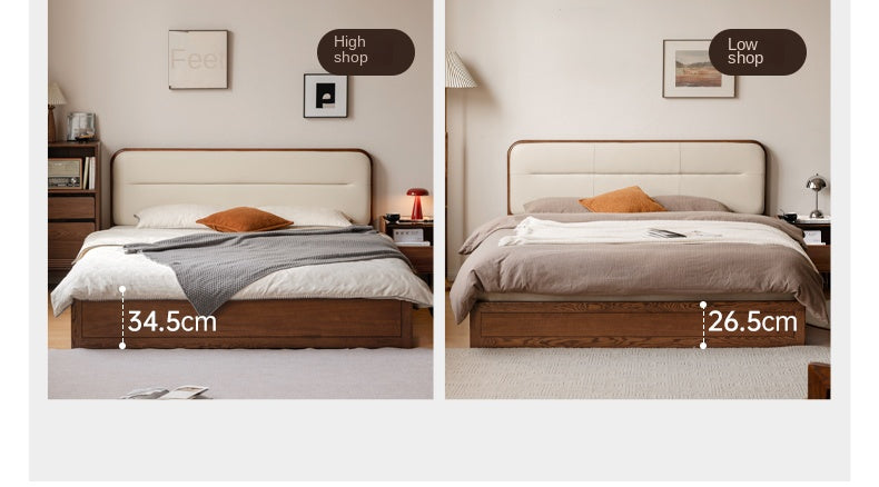 Oak Solid Wood Modern Genuine Leather, Organic Leather Storage Bed