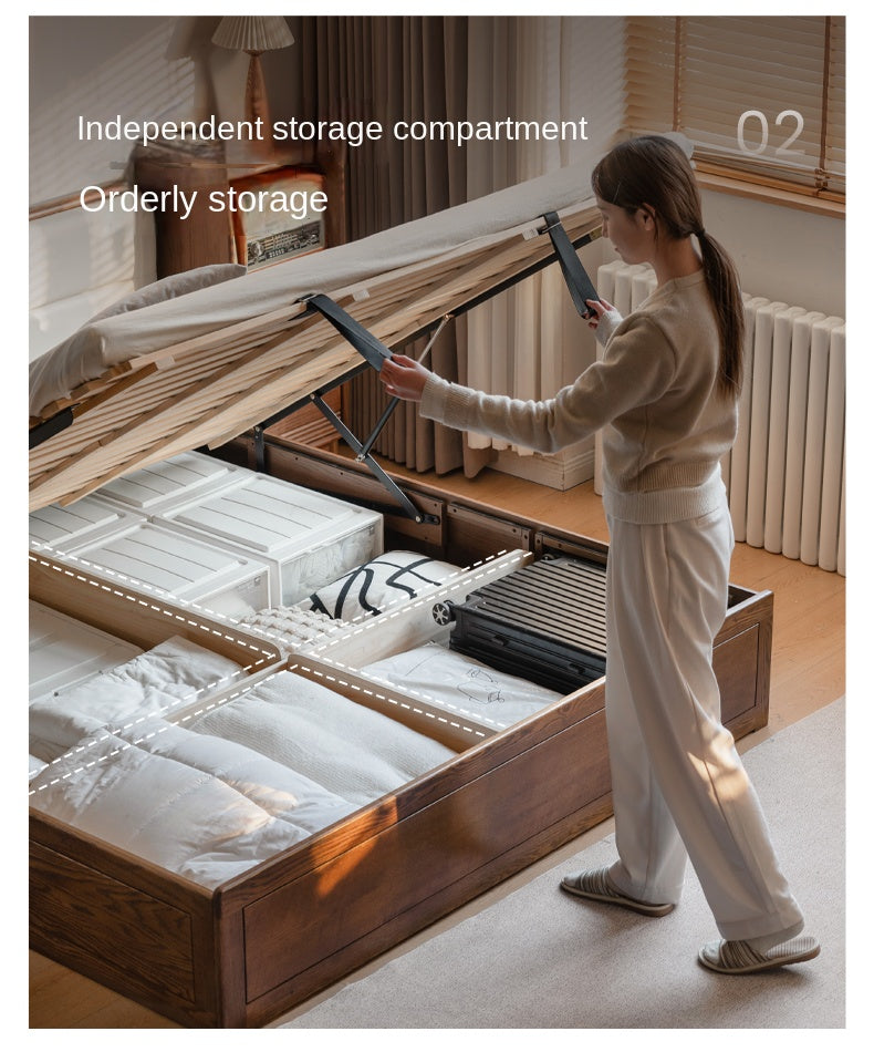 Oak Solid Wood Modern Genuine Leather, Organic Leather Storage Bed