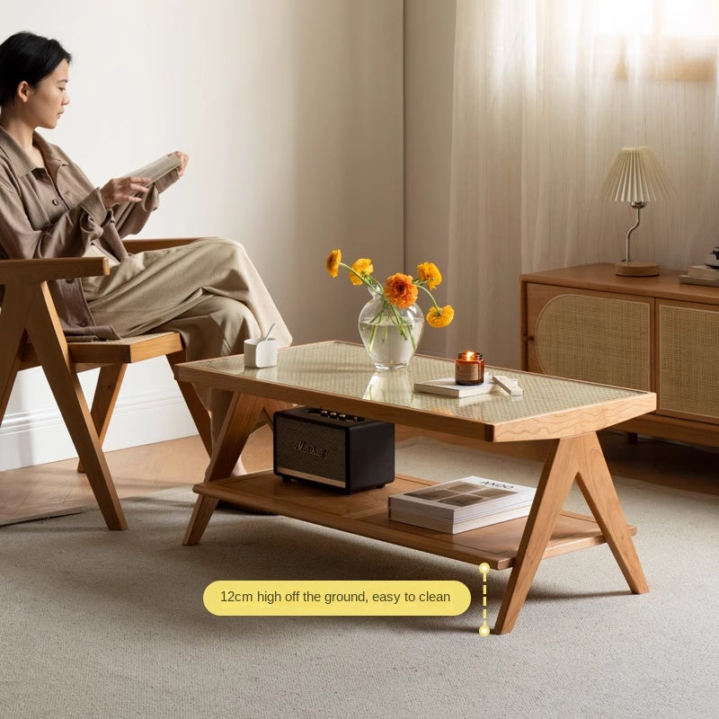 Cherry Solid Wood Modern Rattan Glass Tea Table