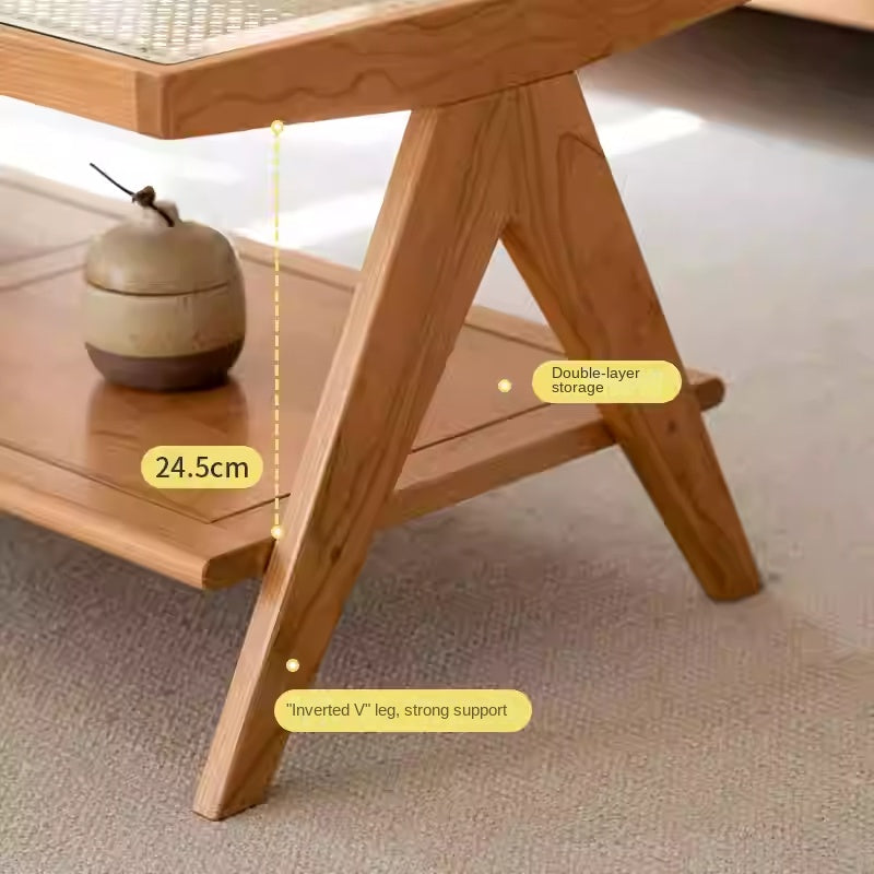 Cherry Solid Wood Modern Rattan Glass Tea Table