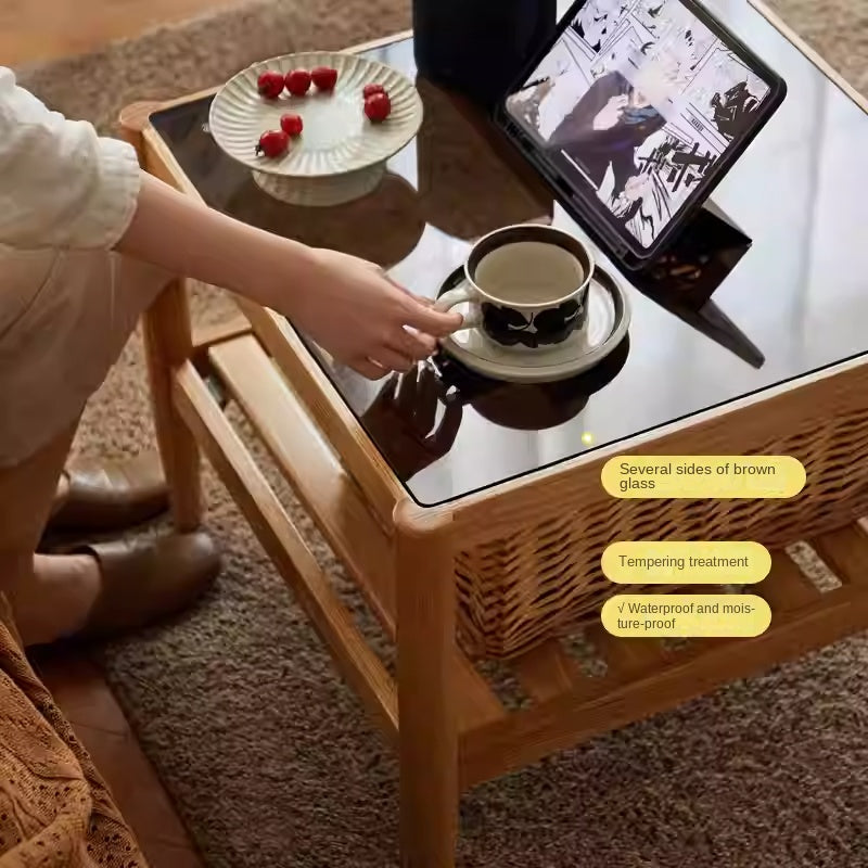Oak Solid Wood Nordic Glass Coffee Table.