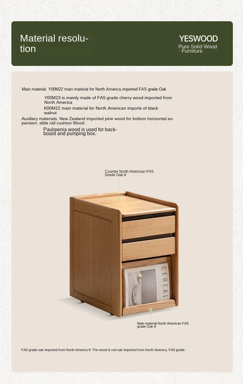 Oak, Cherry, Black Walnut Solid Wood Mobile Nightstand