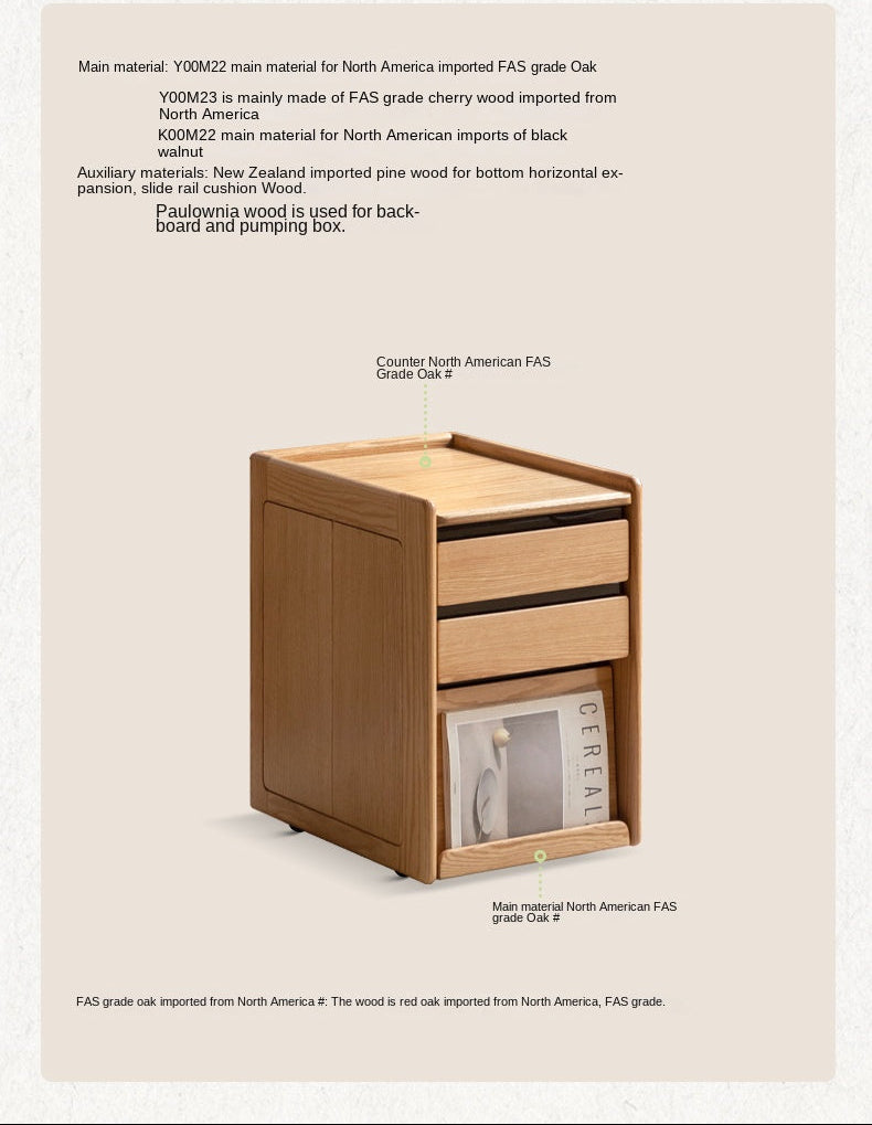 Black Walnut, Oak, Cherry Solid Wood Mobile Nightstand