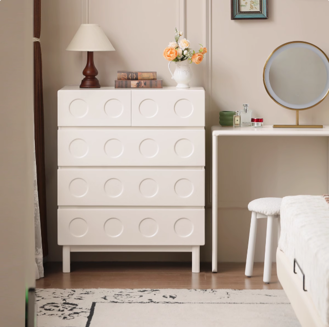 Solid Rubberwood French Cream Wind Drawer Cabinet.