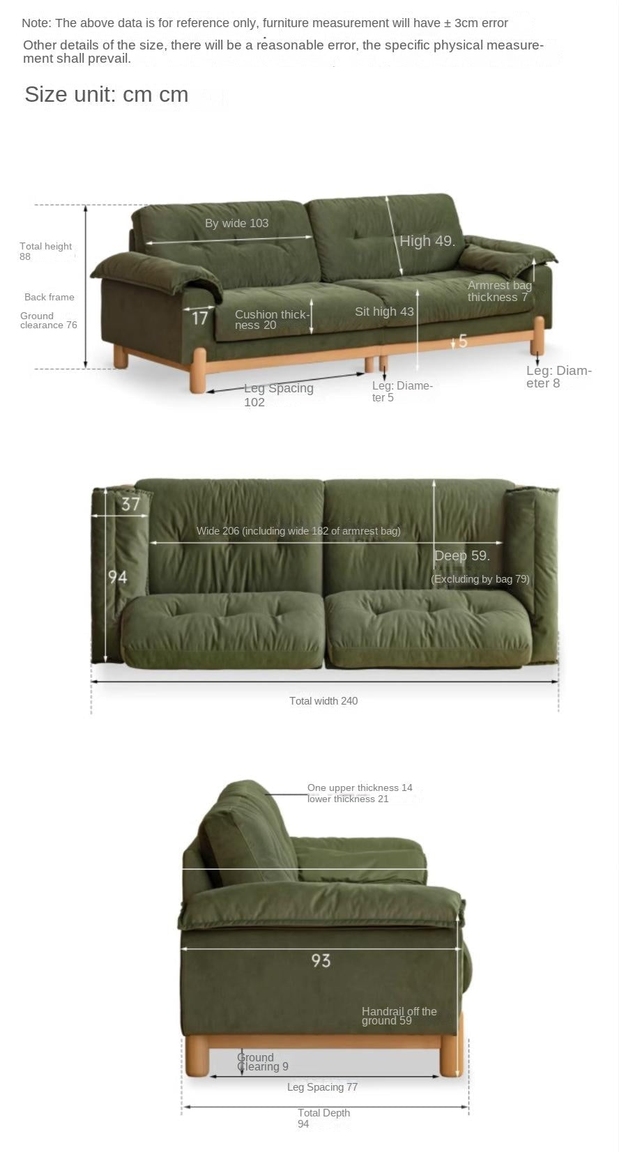Beech Solid Wood Retro Sofa with Scratch Resistant Fabric High Back