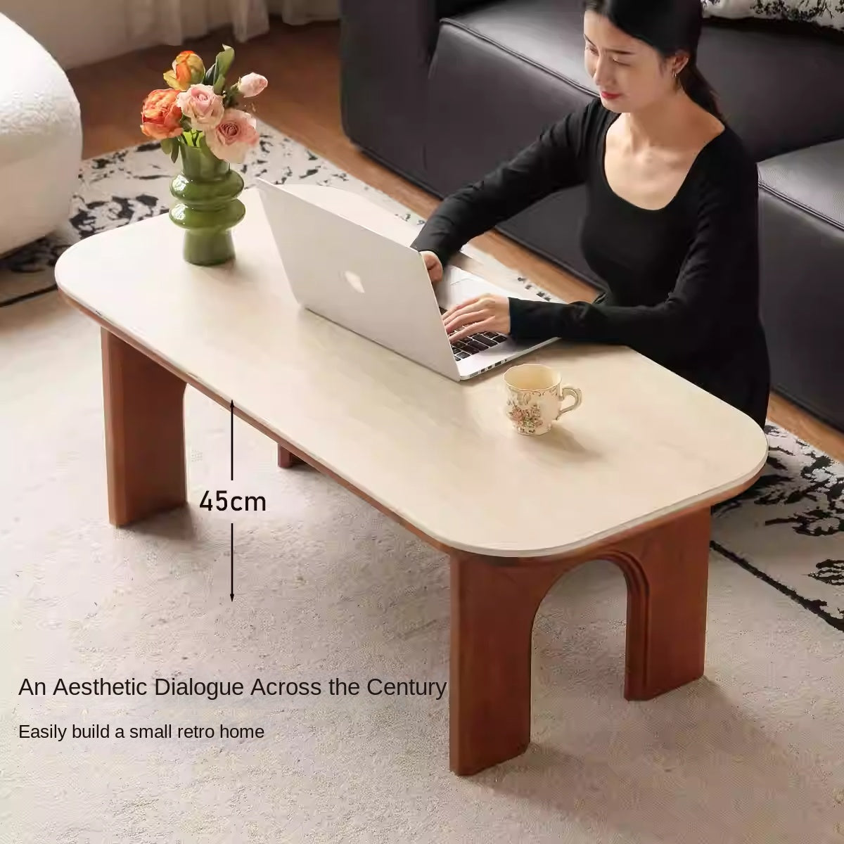 Poplar Solid Wood French Retro Rock Plate Coffee Table.