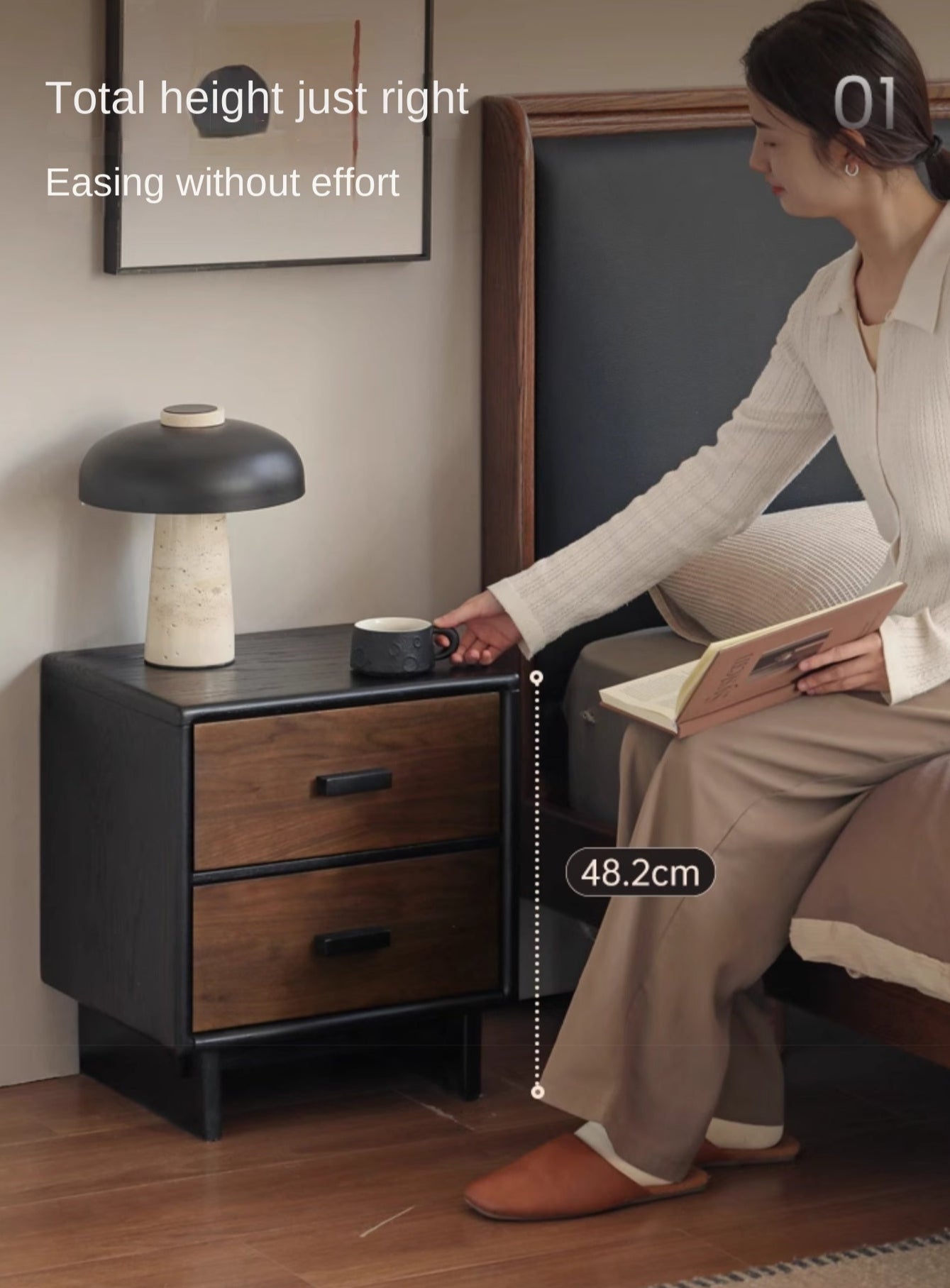 Black Walnut, Oak Solid Wood Nightstand.