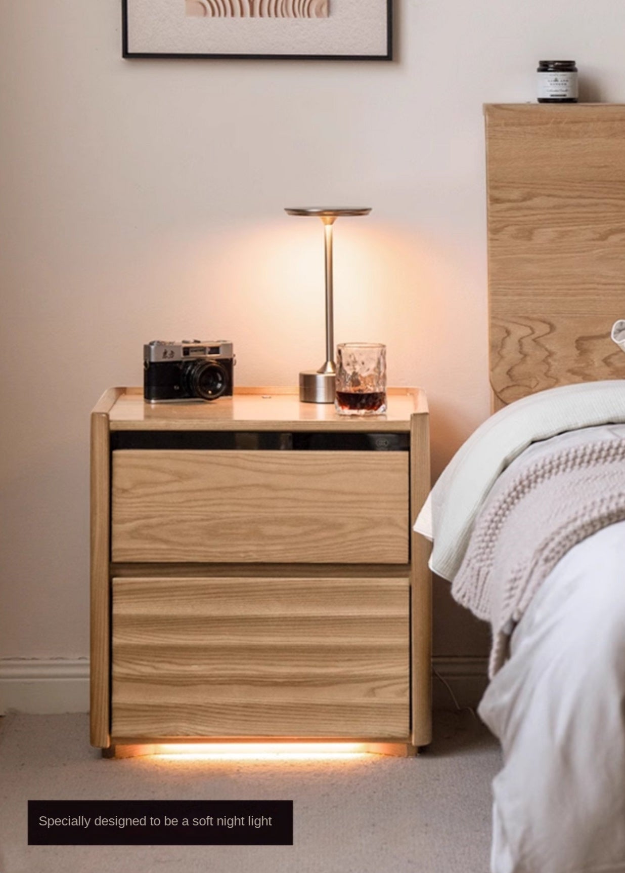 Ash Solid Wood Modern Lighted Nightstand.