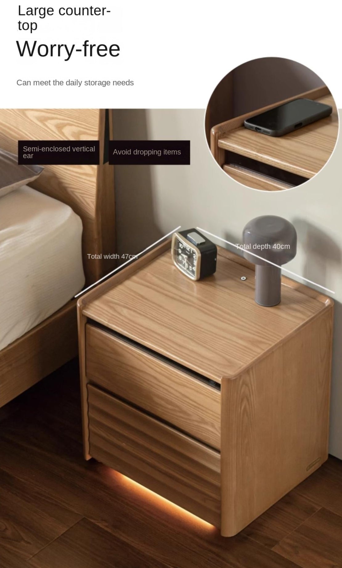 Ash Solid Wood Modern Lighted Nightstand
