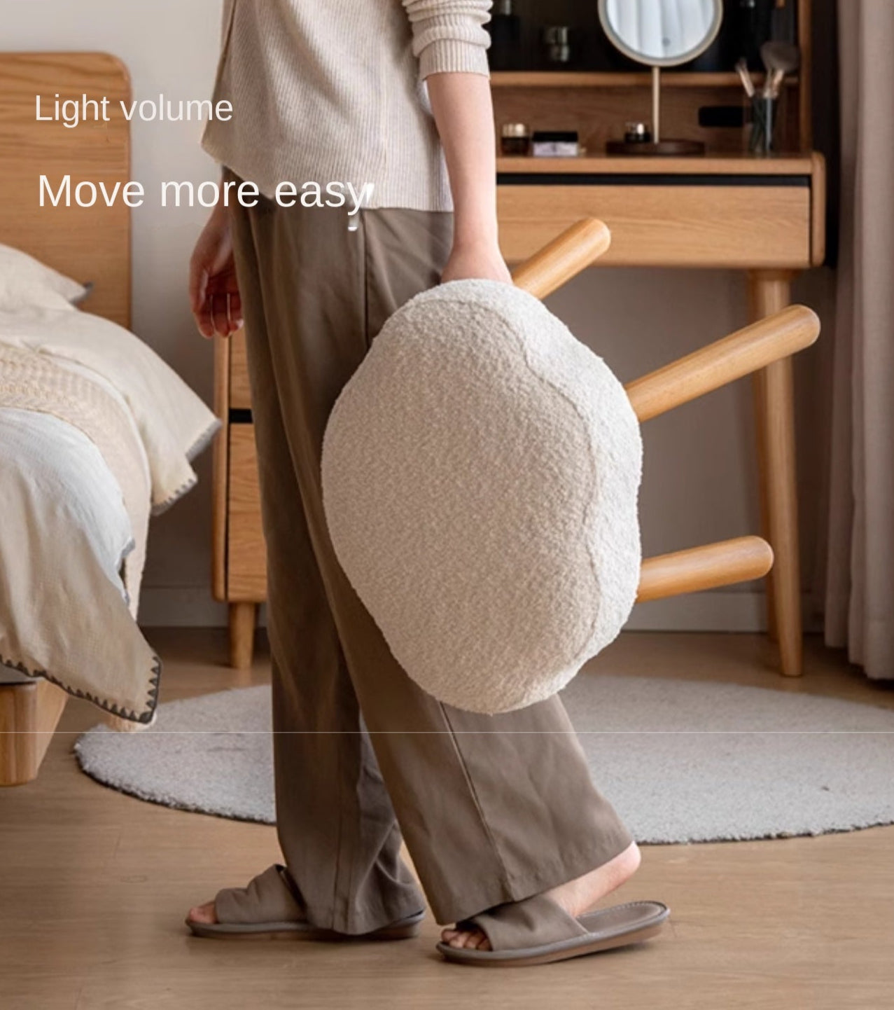 Beech, Solid Rubberood Lamb Velvet Cloud Makeup Stool