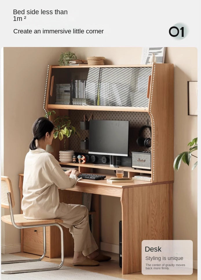 Oak, Cherry Solid Wood Desk Bookshelf Integrated Warm Light