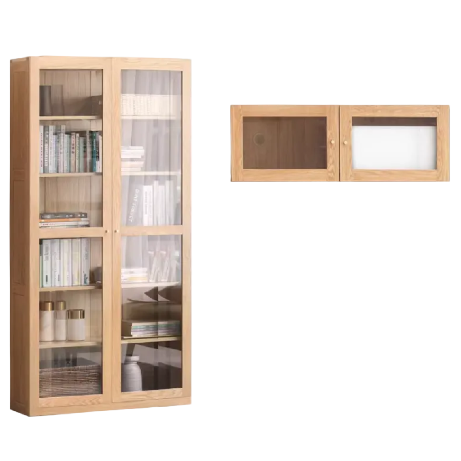 Oak, Solid Rubberwood Bookcase With Glass Doors