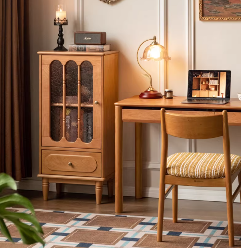 Cherry Solid Wood Side Cabinet with Glass Panels and Storage Shelves