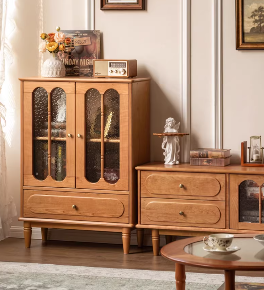 Cherry Solid Wood Side Cabinet with Glass Panels and Storage Shelves