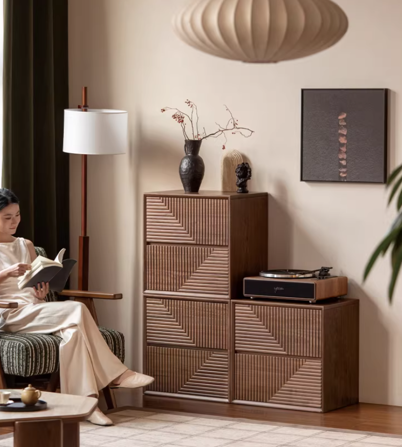 Black Walnut Solid Wood Modular Storage Cabinet, Mid Century Dresser with Geometric Front Design