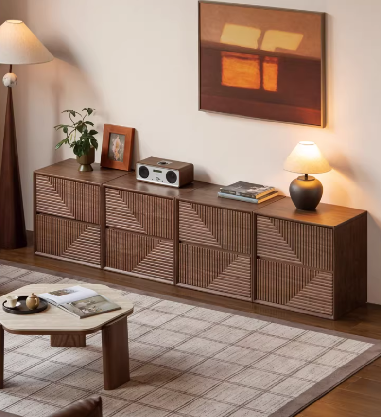 Black Walnut Solid Wood Modular Storage Cabinet, Mid Century Dresser with Geometric Front Design