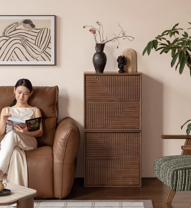 Black Walnut Solid Wood Modular Storage Cabinet, Mid Century Dresser with Geometric Front Design