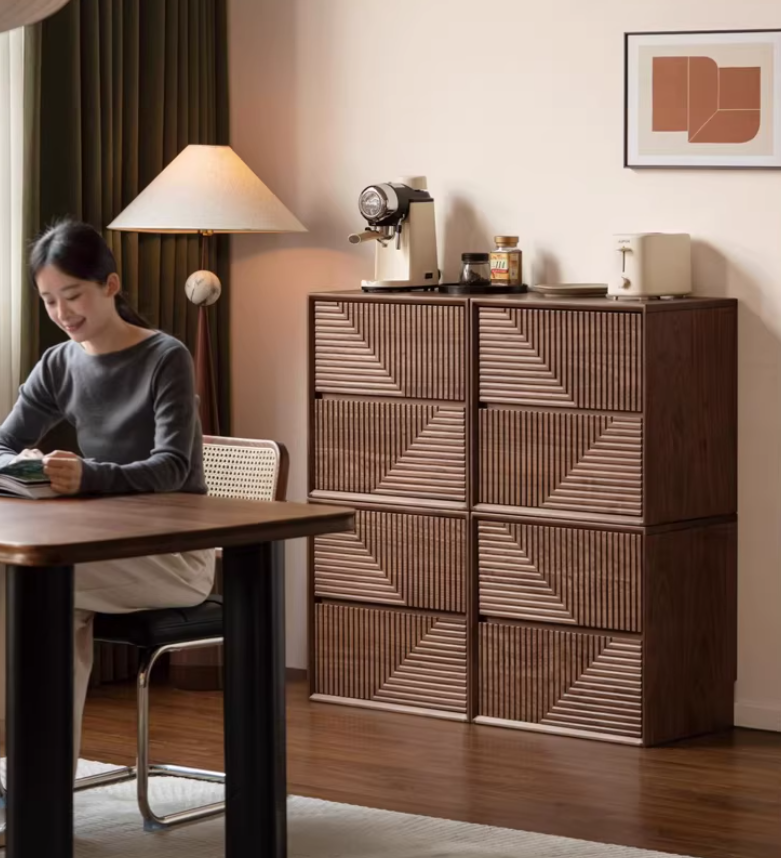 Black Walnut Solid Wood Modular Storage Cabinet, Mid Century Dresser with Geometric Front Design