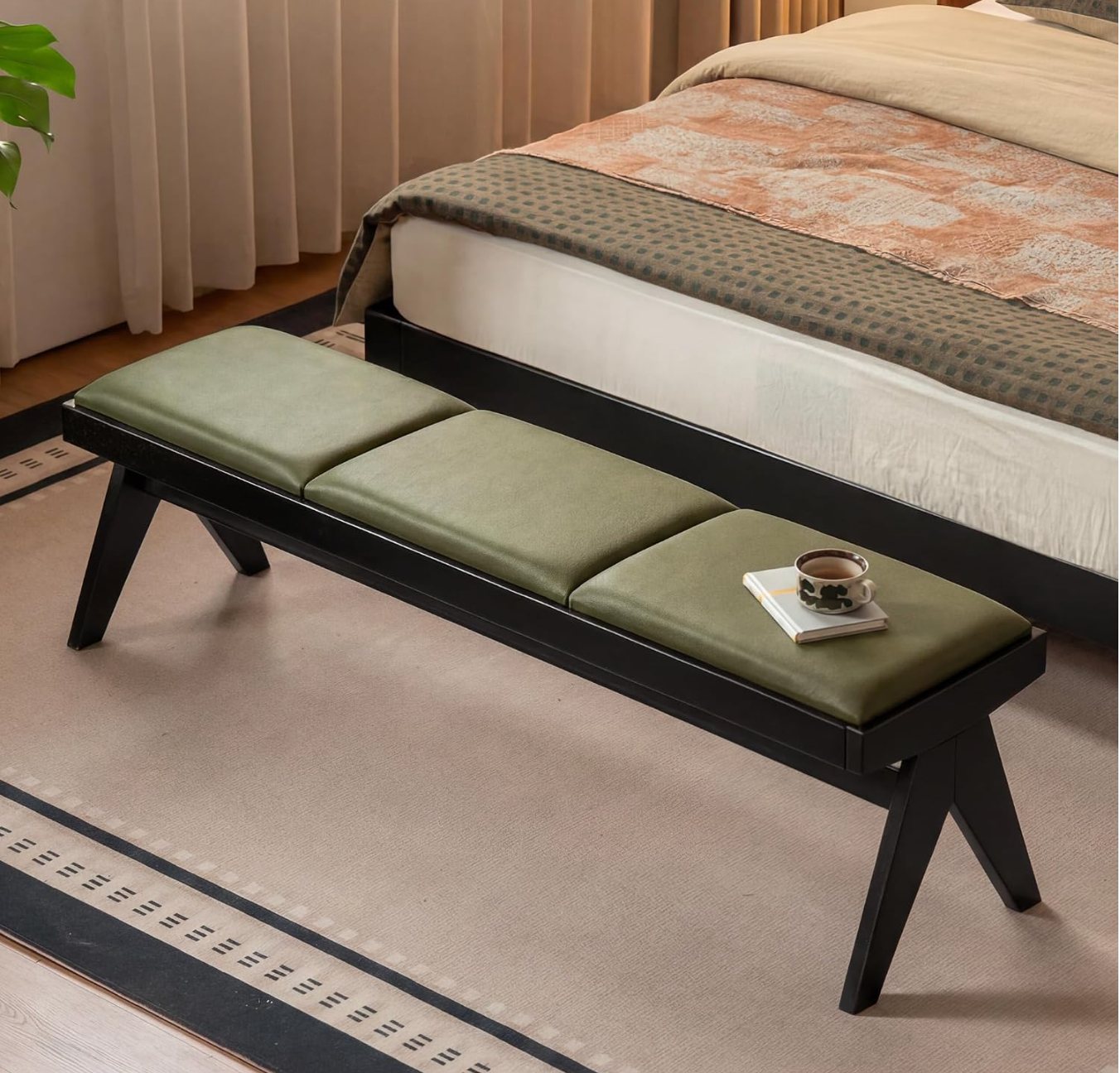 Rubberwood, Oak Solid Wood Leather Channel Tufted Bench