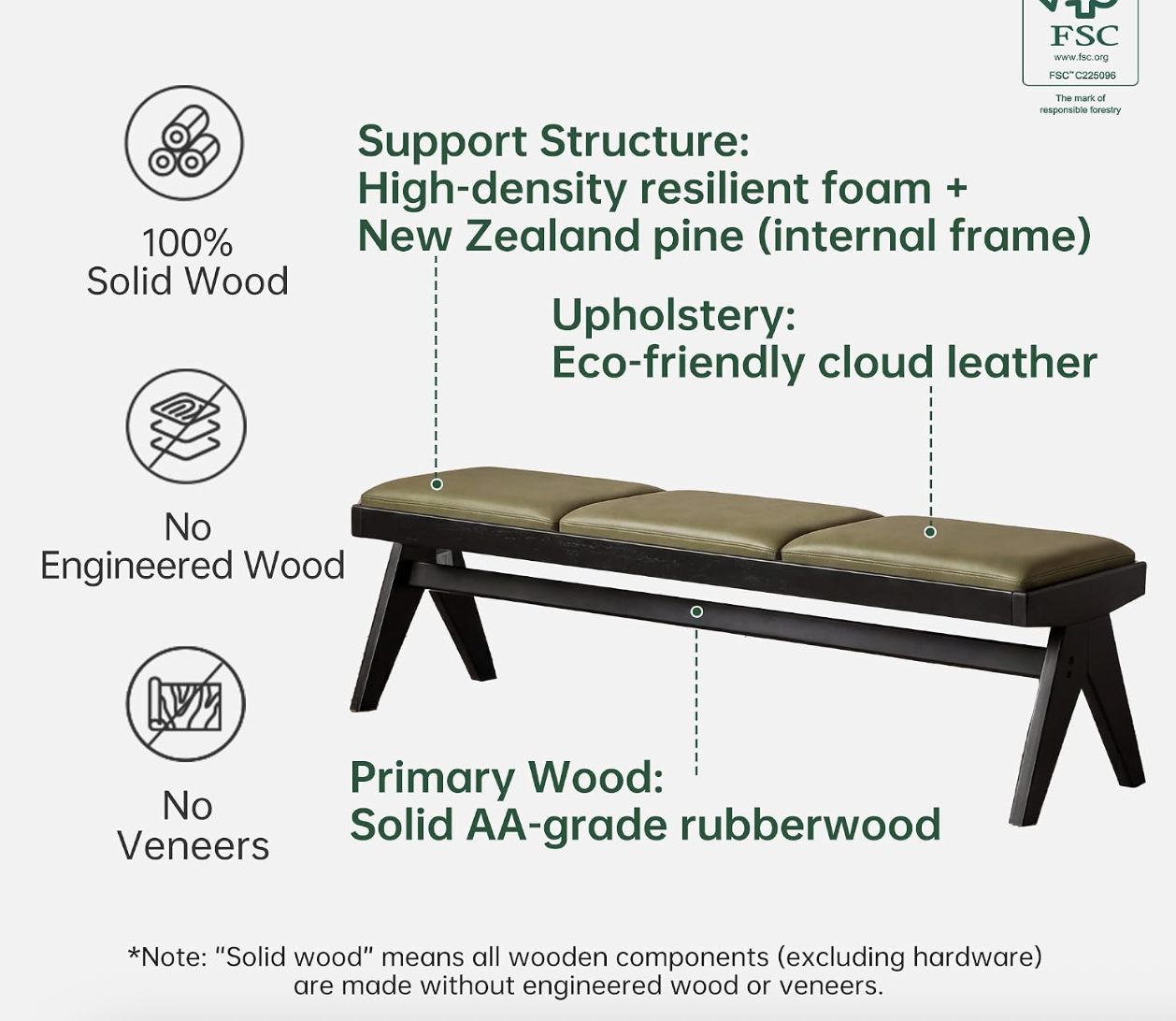 Rubberwood, Oak Solid Wood Leather Channel Tufted Bench