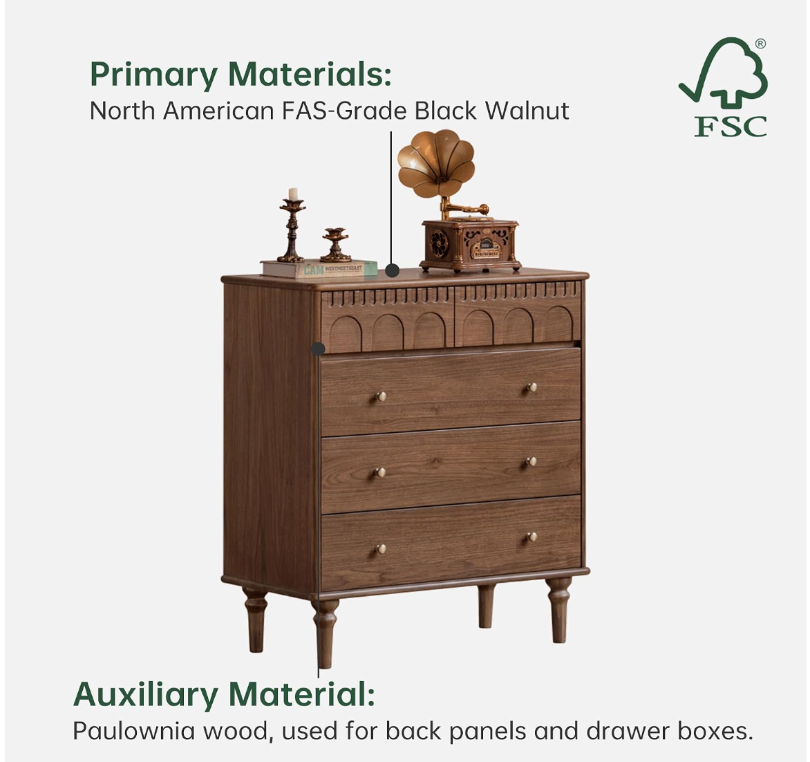 Black Walnut Solid Wood French Retro Chest of Drawers