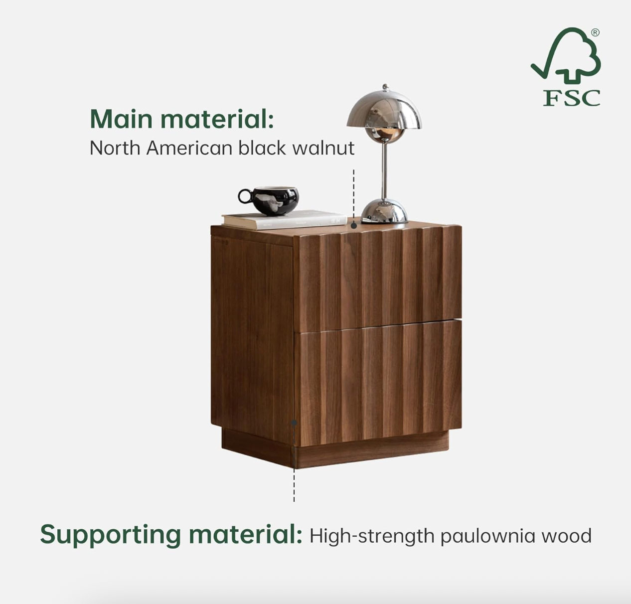 Black Walnut, Poplar Solid Wood wave Style Nightstand