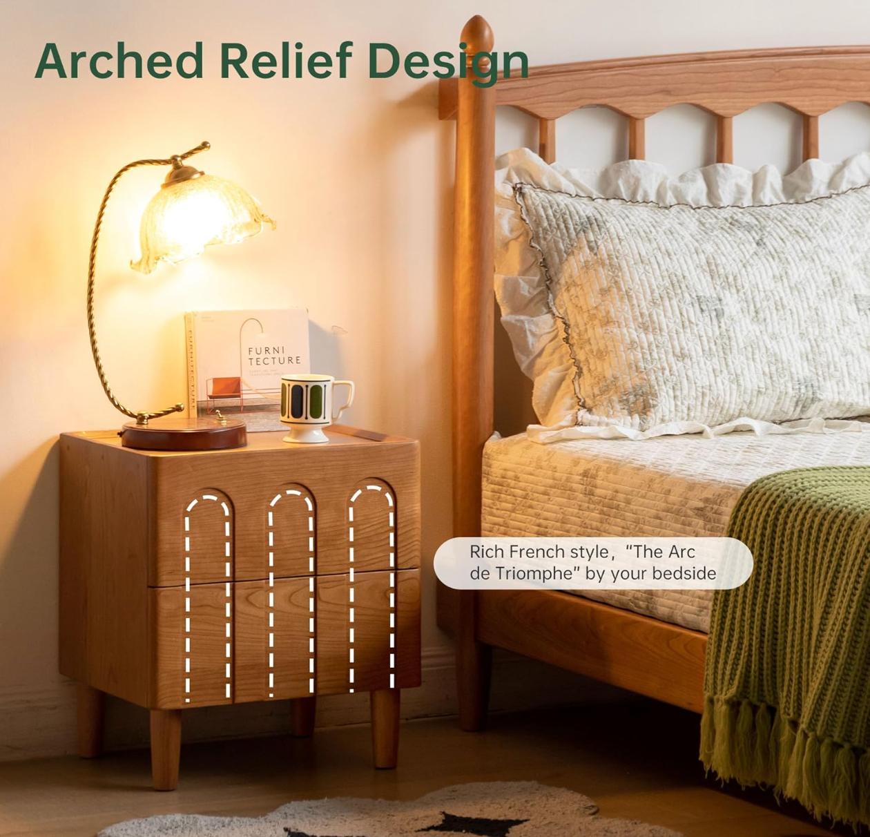 Black Walnut, Cherry Solid Wood Nightstand with Arched Panel Relief Design, Two Drawers