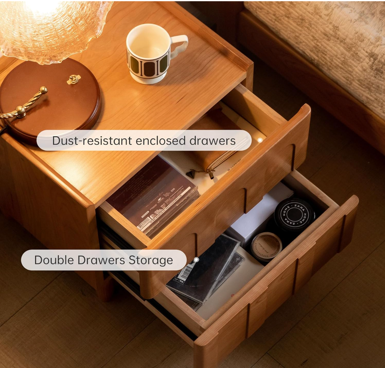 Black Walnut, Cherry Solid Wood Nightstand with Arched Panel Relief Design, Two Drawers