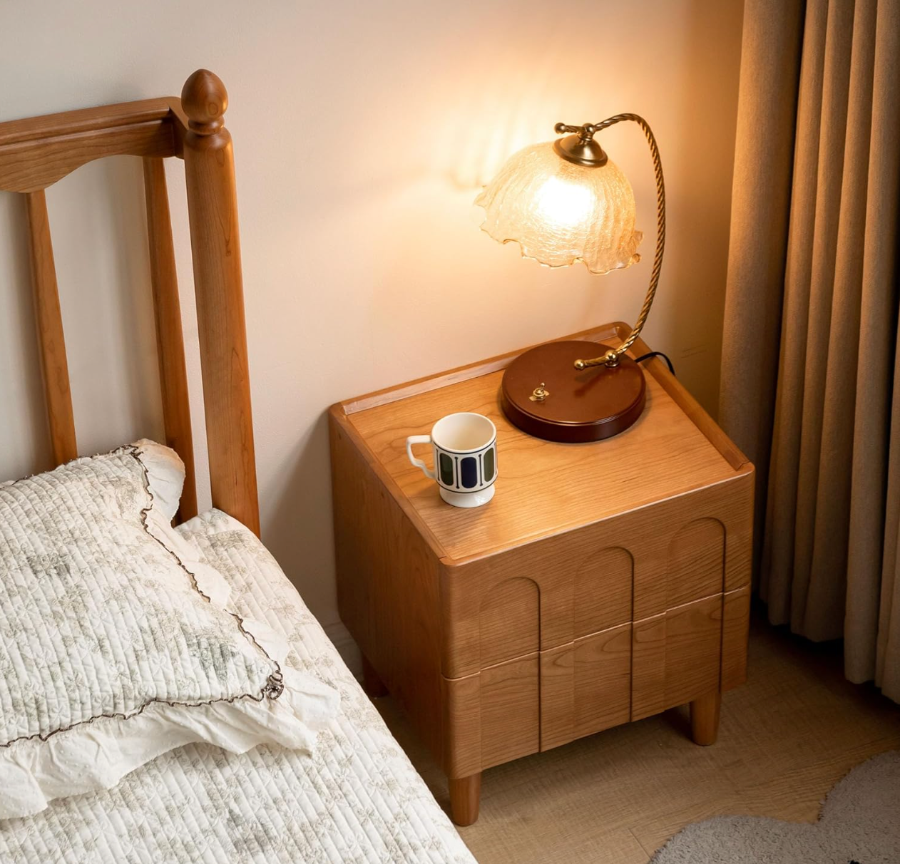 Black Walnut, Cherry Solid Wood Nightstand with Arched Panel Relief Design, Two Drawers