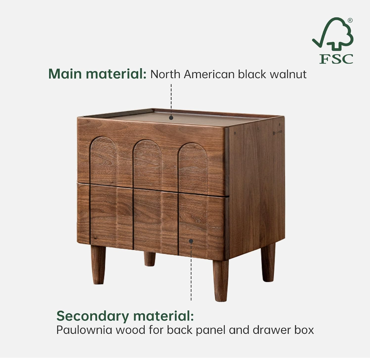 Black Walnut, Cherry Solid Wood Nightstand with Arched Panel Relief Design, Two Drawers