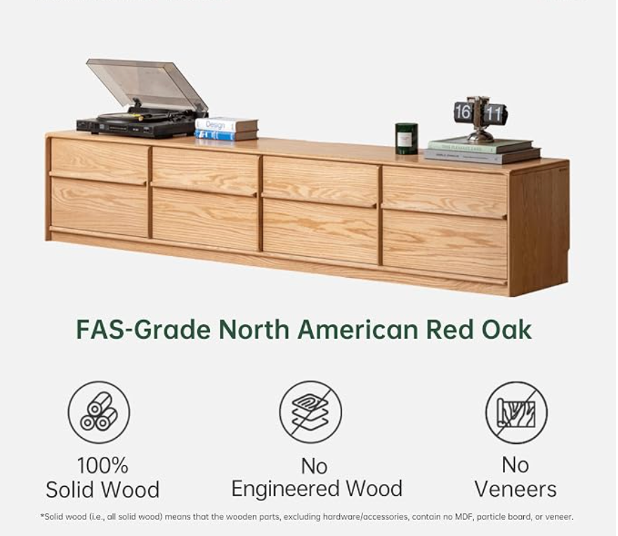 Oak Solid Wood Long TV Console with Multiple Drawers, Low-Profile Media Cabinet