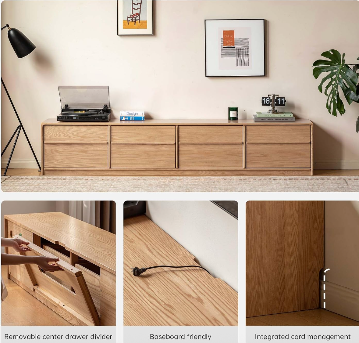 Oak Solid Wood Long TV Console with Multiple Drawers, Low-Profile Media Cabinet