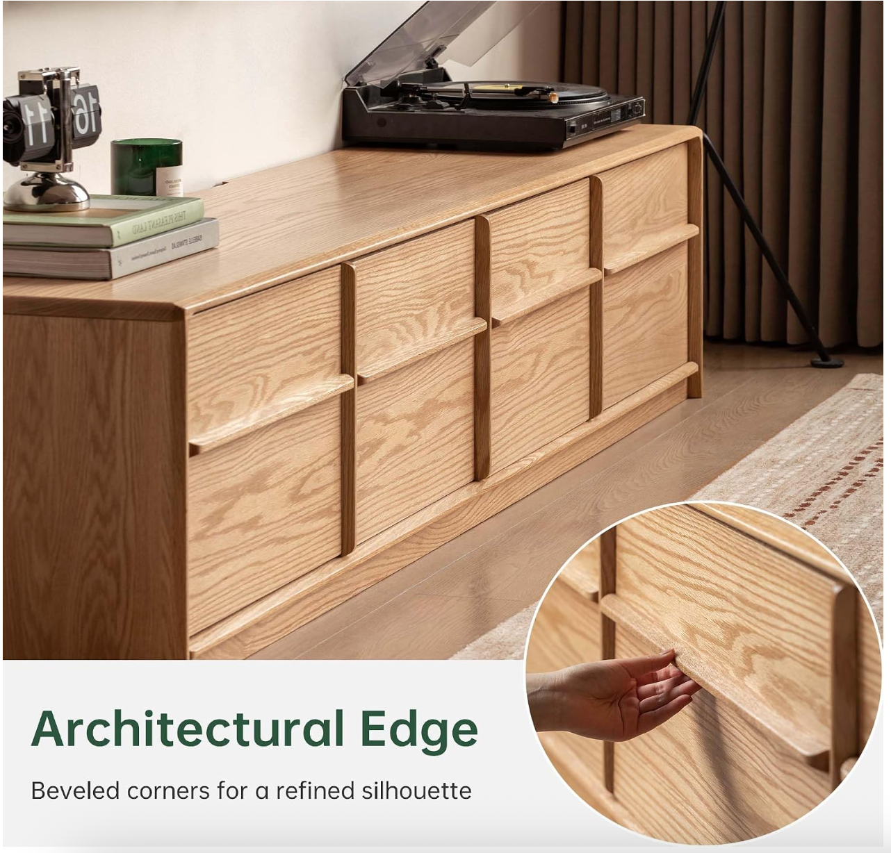 Oak Solid Wood Long TV Console with Multiple Drawers, Low-Profile Media Cabinet
