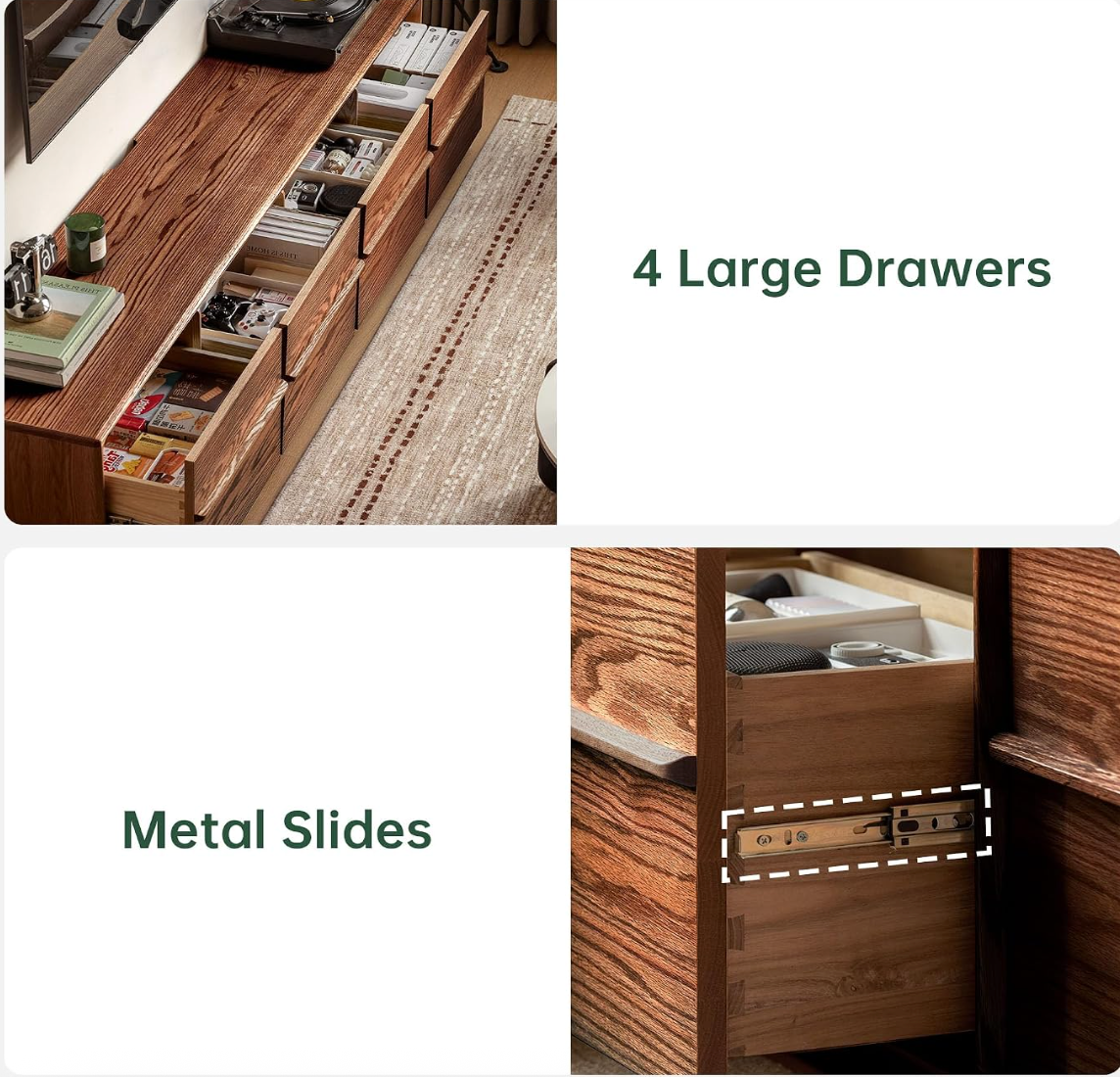 Oak Solid Wood Long TV Console with Multiple Drawers, Low-Profile Media Cabinet